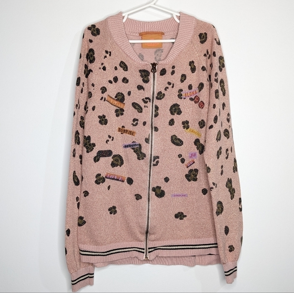 Scotch N Soda pink metallic gold leopard print zip up sweater jacket 12